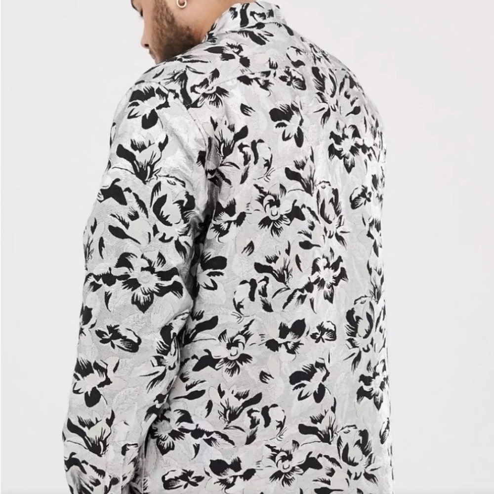 ASOS Edition Silver Metallic Shiny Black Floral Zip Shirt Jacket 2XL XXL 3XL - Picture 4 of 13